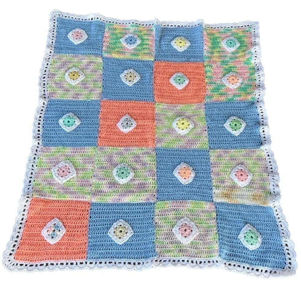 Hand Crocheted 3D Flower Baby Afghan Blanket Pastel Squares Scallop Edge 43x36